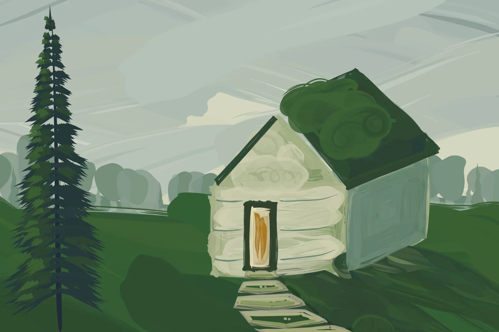 House Among Evergreens, a painting by Captain Underpaint