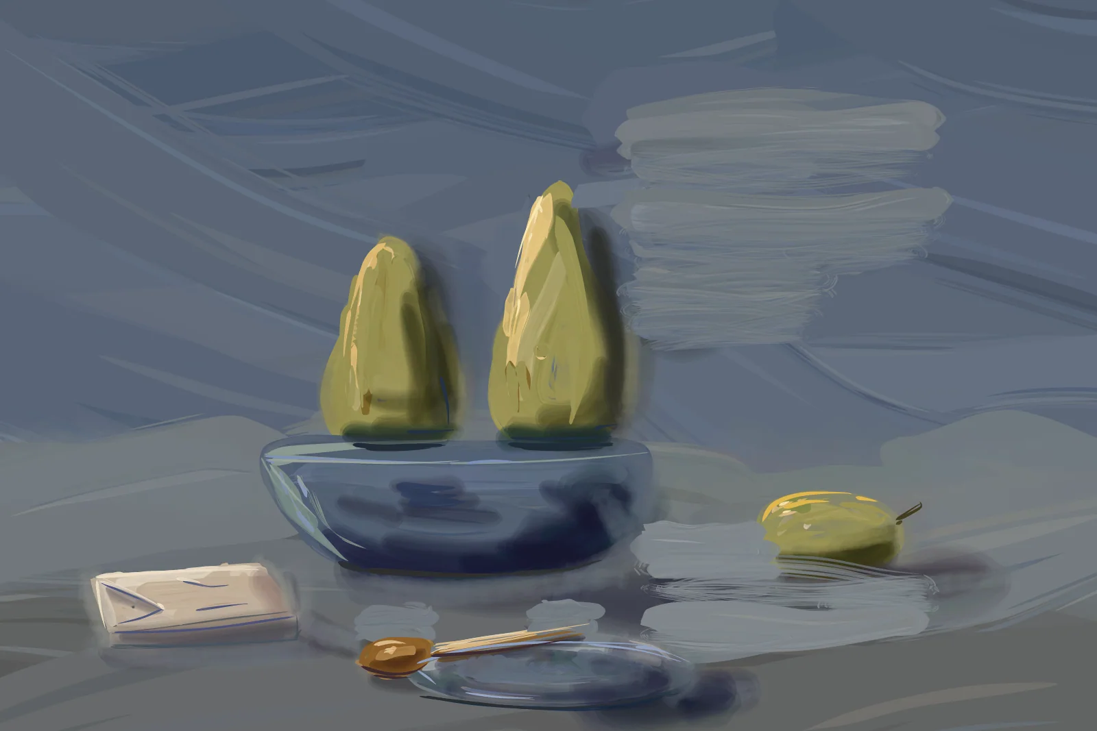 Pears in a Blue Bowl, a painting by Captain Underpaint
